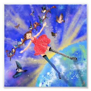 Foto Happy Girl with Birds (Garota feliz com pássaros)