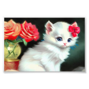 Foto Ilustração Vintage White Kitten com Flores Vermelh