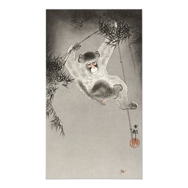 Foto Impressão de Arte em Bambu de Macaco Japonês Vinta (Frente)