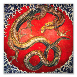 Foto Impressão Japonesa do Dragão Dourado de Hokusai