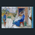 Foto Irmãs costurando na Lareira<br><div class="desc">Meninas vestidas de azul sentadas em cadeiras movidas a duro costurando à mão. Vintage belas artes pelo artista sueco Carl Larsson.</div>