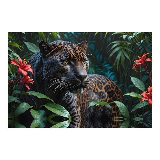 Foto Jaguar melanístico nas flores vermelhas da selva (Frente)