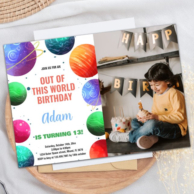 Foto Laranja Verde Convite Aniversário do Espaço E (Green Orange Photo Outer Space Birthday Invitation)