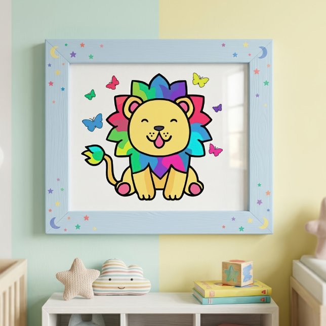 Foto Leão Kawaii Sorridente Fofo com Borboletas Cartoon (Cute smiling Kawaii Lion with Butterflies Cartoon. Photo Print)