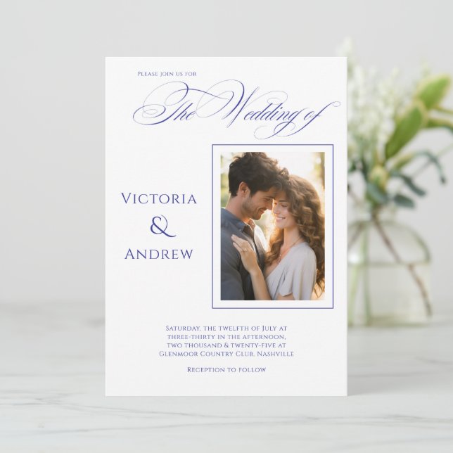 Foto legante Convite para Casamento Azul Moderno (Em pé/Frente)