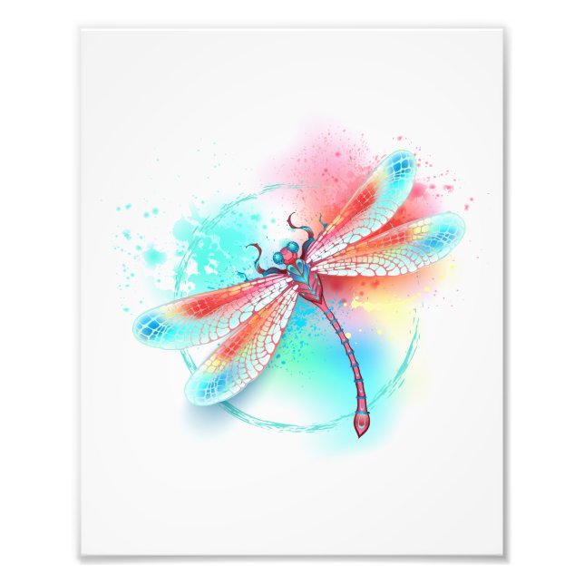 Foto libélula vermelha sobre fundo de aquarela (Frente)