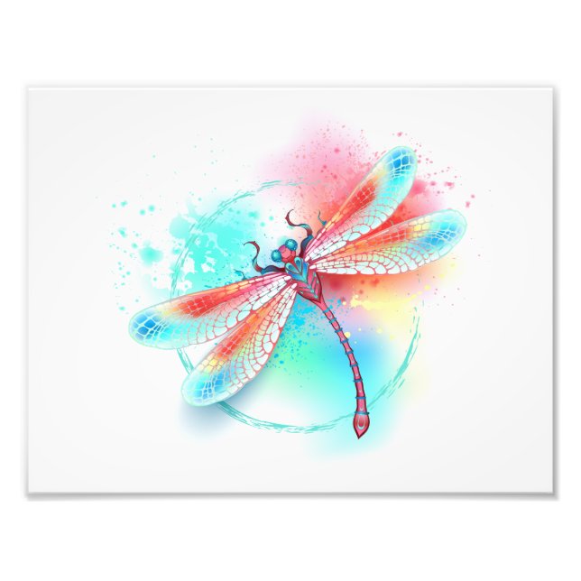 Foto libélula vermelha sobre fundo de aquarela (Frente)