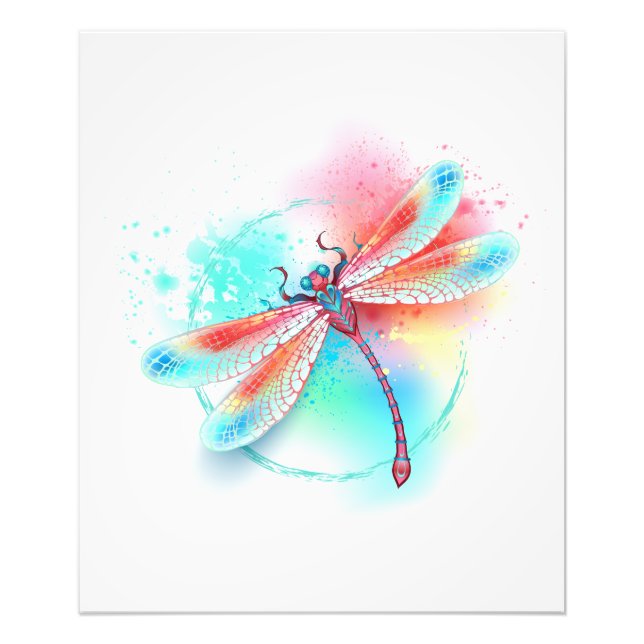 Foto libélula vermelha sobre fundo de aquarela (Frente)