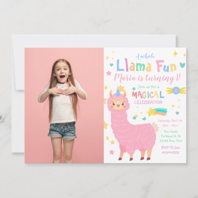 Foto Llamacorn Rosa Llama Convite de Aniversário (Frente)