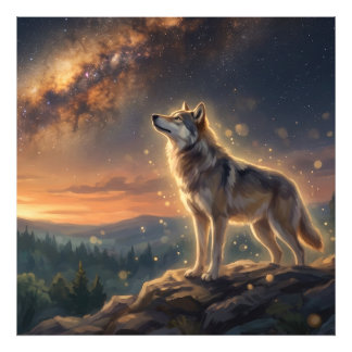 Foto Lobo Solitário Sob o Céu Estrelado da Via Láctea