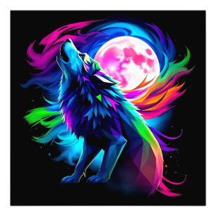 Foto Lobo Uivando Neon com Lua Cheia – Rai Psicodélico