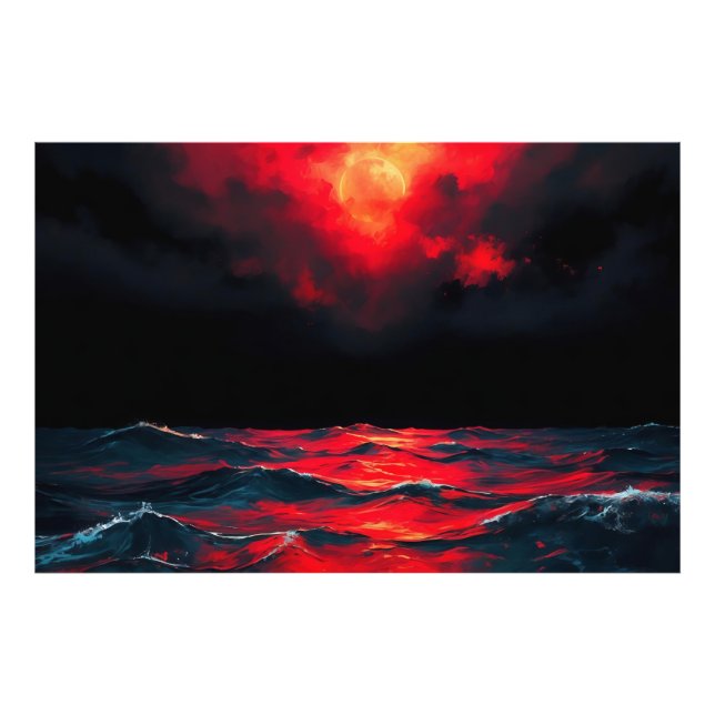 Foto Lua Vermelha Sobre O Mar Dramático Fantasia Do Oce (Frente)