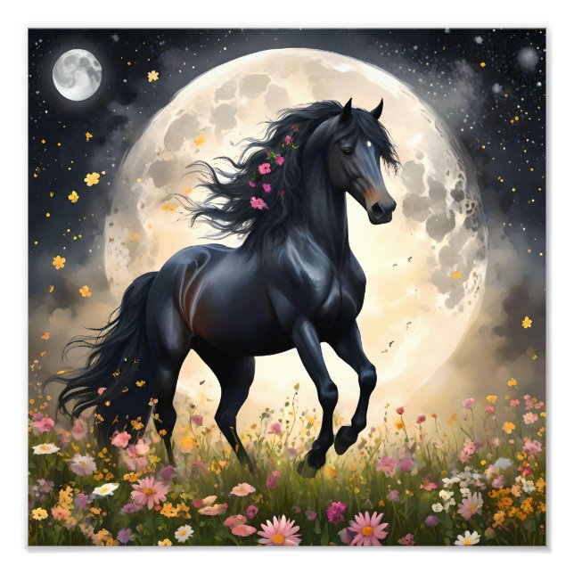 Foto Lunar Elegância: Cavalo de Fantasia Negra com Lua (Frente)