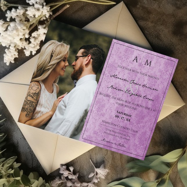Foto: Magenta Damask Monograma Convite De Casament (Magenta Photo Damask Monogram Wedding Invitation)
