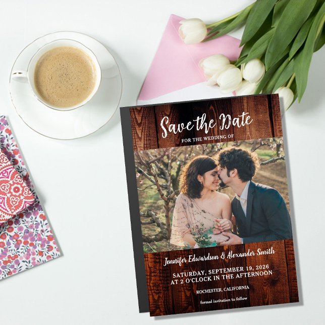 Foto magnética de madeira rústica de celeiro para  (Rustic barn wood photo magnetic Save the Date. You can add your own photo and text to personalize.)