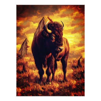 Foto Majestic Bison Oil Painting – Wild Prairie Sunset