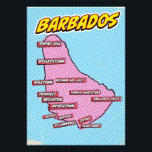 Foto Mapa de Barbados Ilustrado de pop Art<br><div class="desc">Um mapa do estilo pop de Barbados com um fundo azul brilhante e um padrão pontilhado.</div>