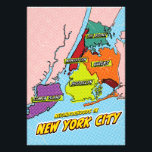 Foto Mapa de Nova Iorque ilustrado com pop Art<br><div class="desc">Um mapa estilizado de Nova Iorque, reproduzido no estilo de quadrinhos. Os cinco bairros são esboçados em linhas pretas e cheios de cores vibrantes: Manhattan (vermelho), Brooklyn (amarelo), Queens (laranja), The Bronx (verde) e Staten Island (roxo). Cada galeria é rotulada com seu nome em uma caixa branca com um contorno...</div>