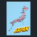 Foto Mapa do Japão Ilustrado por pop Art<br><div class="desc">Um mapa estilizado do Japão em estilo pop, com um contorno rosa das ilhas sobre um fundo pontilhado azul. O mapa destaca grandes cidades como Tóquio, Osaka, Kyoto e Nagasaki. A palavra "JAPÃO" é escrita em letras amarelas a negrito com um contorno branco, acrescentando um toque dinâmico e lúdico. O...</div>