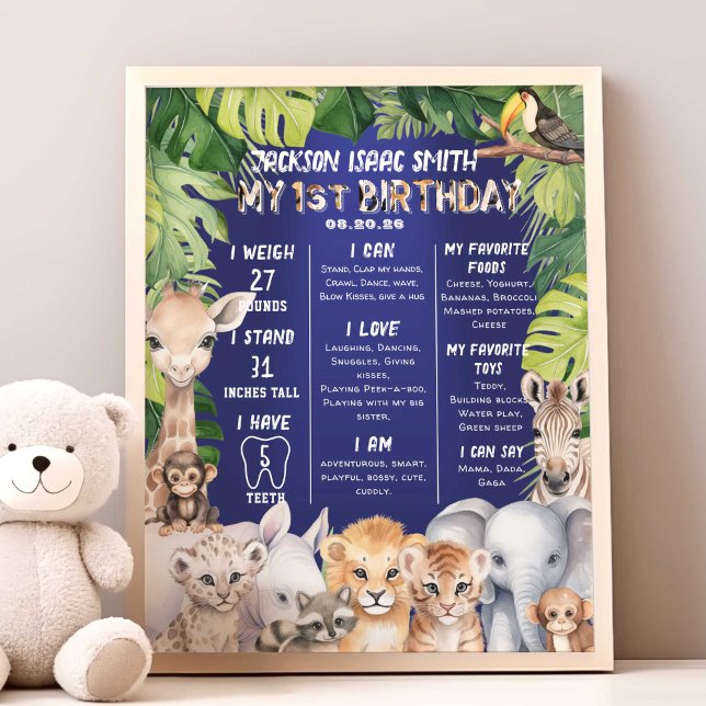 Foto Marinho Azul Safari Selva Animais 1rua Milestone (Navy Blue, Boy 1st birthday Safari Animals milestone birthday stat poster.)