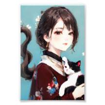 Menina chinesa abraçando um gato kawaii