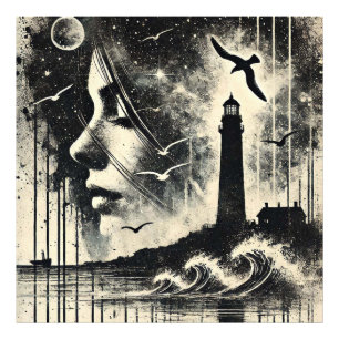 Foto Menina de dupla exposição com farol e gaivota
