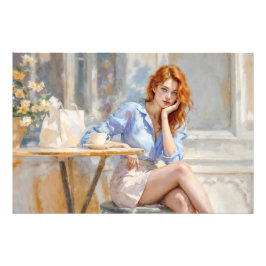 Foto Menina elegante em azul e branco em um café