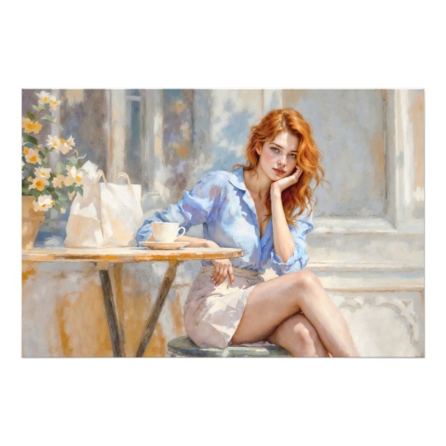 Foto Menina elegante em azul e branco em um café (Frente)