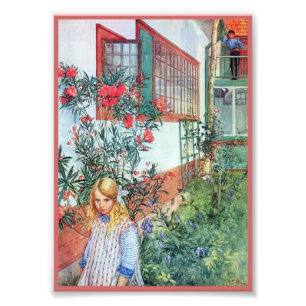 Foto Menina no jardim com flores vermelhas