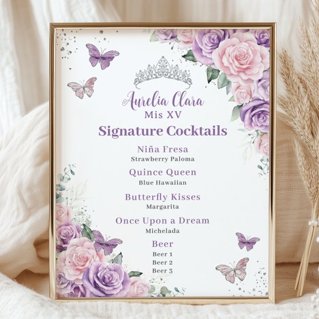 Foto Menu de Bebida de Quinceanera Floral Cinzenta Cinz (Criador carregado)