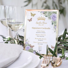 Menu de Bebida do Bar de Quinceanera Floral Roxo d