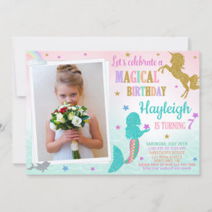 Foto Mermaid e convite de aniversário do Unicorn