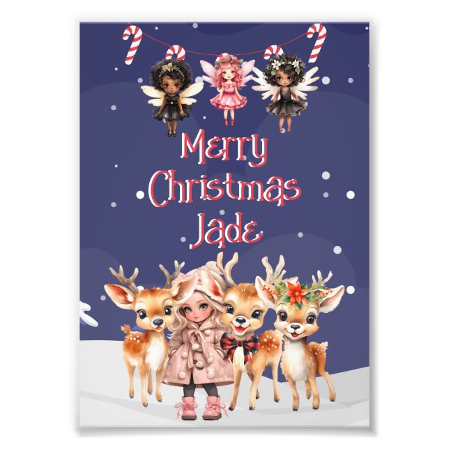 Foto Merry Christmas Reindeer Peppermint Fada com Nome (Frente)