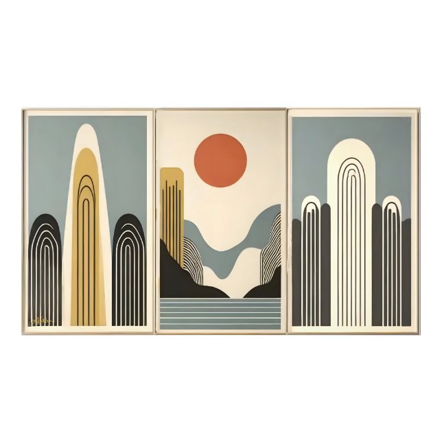 Foto Mid Century Modern Art Mountain Lake Sunrise (Frente)