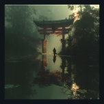Foto Misty Torii Gate Dawn Solitude Figure<br><div class="desc">A solitary traveler stands before a majestic red torii gate rising from a misty, lily-pad-filled pond at dawn. Thick fog envelops dense bamboo and ancient trees, while golden sunrise rays pierce through, casting luminous beams and soft reflections across the calm water. The iconic gate glows with quiet power, symbolizing transition,...</div>