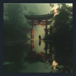 Foto Misty Torii Gate Dawn Solitude Figure<br><div class="desc">A solitary traveler stands before a majestic red torii gate rising from a misty, lily-pad-filled pond at dawn. Thick fog envelops dense bamboo and ancient trees, while golden sunrise rays pierce through, casting luminous beams and soft reflections across the calm water. The iconic gate glows with quiet power, symbolizing transition,...</div>