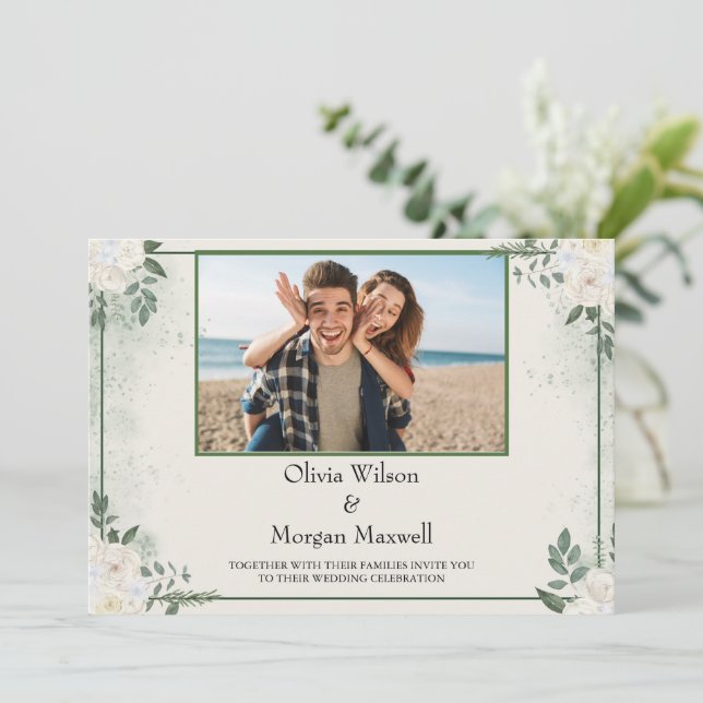 Foto Moderna Greenery Salvar o Convite de Data (Em pé/Frente)