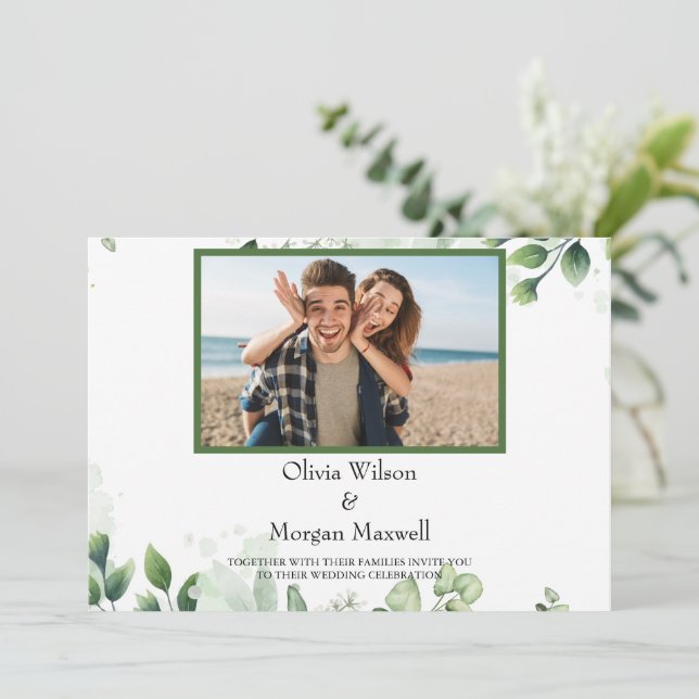 Foto Moderna Greenery Salvar o Convite de Data (Em pé/Frente)