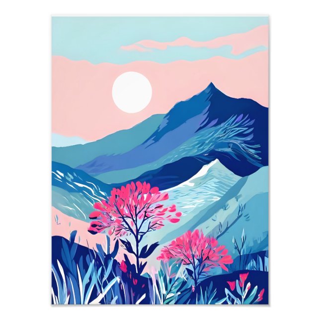 Foto Montanha Tranquila Sunset com Flores Rosa (Frente)