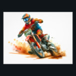 Foto Motocross Rider in Action<br><div class="desc">A dynamic watercolor painting depicts a motocross rider in mid-action, leaning into a turn. The rider wears a colorful helmet with goggles, a red and blue racing suit, and protective gear. Dirt and dust are kicked up by the tires of the orange and green dirt bike, creating a sense of...</div>