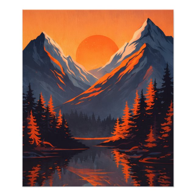 Foto Mountain Sunset Reflection Fiery Orange Sky  (Frente)