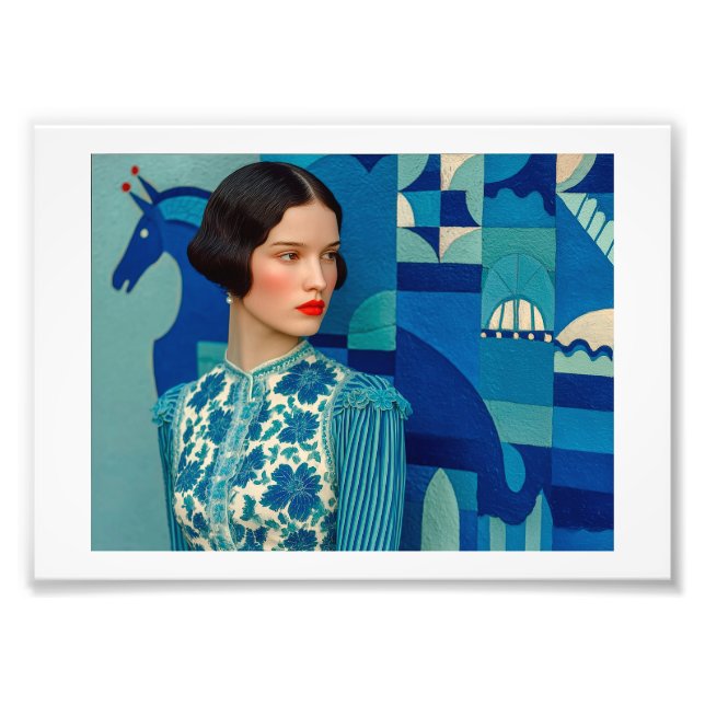 Foto Mulher de vestido azul floral, pintura de cavalo a (Frente)