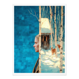 Foto Mulher e veado na floresta de pássaros nevados por