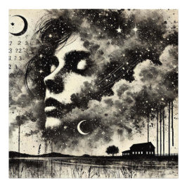 Foto Mulher em dupla exposição com gaivotas e céu estre