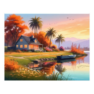 Foto Nature Sunset Painting with Lake, Cottage