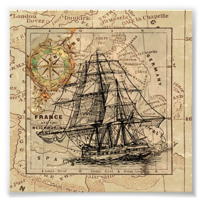 Foto Navio Vintage e velho mapa europeu (Frente)