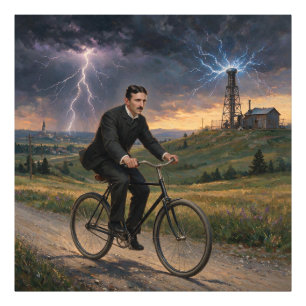 Foto Nikola Tesla andando de bicicleta para seu laborat