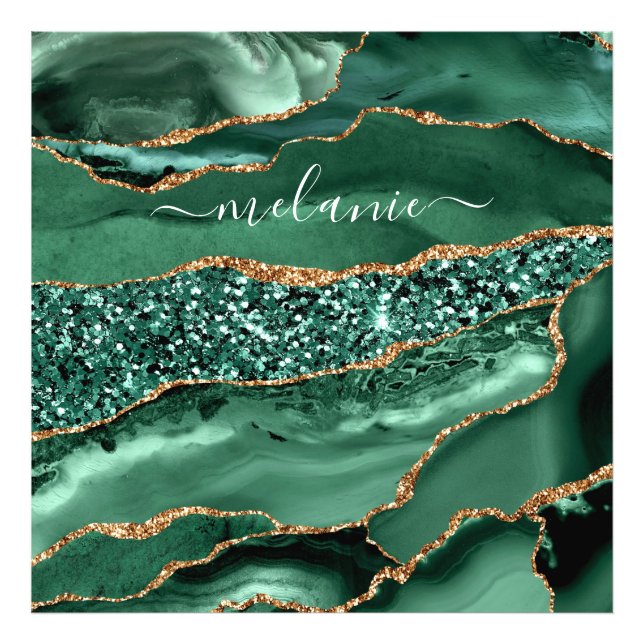Foto Nome Personalizado do Marble de Geodo Glitter Verd (Frente)
