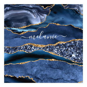 Foto Nome Personalizado Gemstone Azul Dourado Glitter G