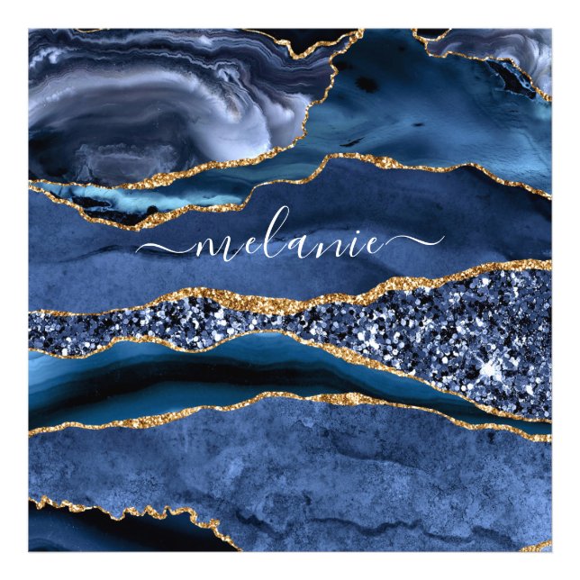 Foto Nome Personalizado Gemstone Azul Dourado Glitter G (Frente)